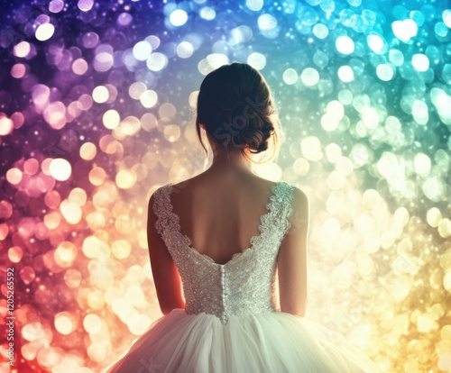 Bride in elegant wedding dress standing against colorful bokeh background at dusk photo