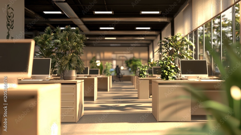 Fototapeta premium Serene Modern Office with Lush Greenery
