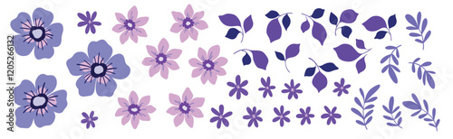 Floral collection of simple purple flowers, leaves. Set of small cute decorative design elements - hand drawn pretty flowers, leaves, different shapes and shades. Vector illustration