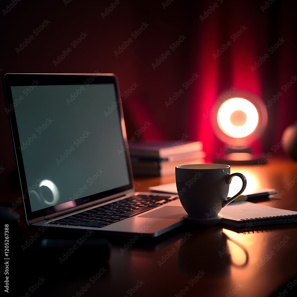 Laptop, coffee cup, and notebook on a desk at night. Laptop, coffee cup, and notebook on a desk at night.