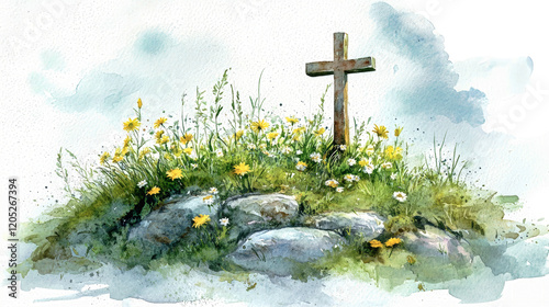 Wildflowers bloom around a rustic cross on a serene island, capturing peaceful moments in nature