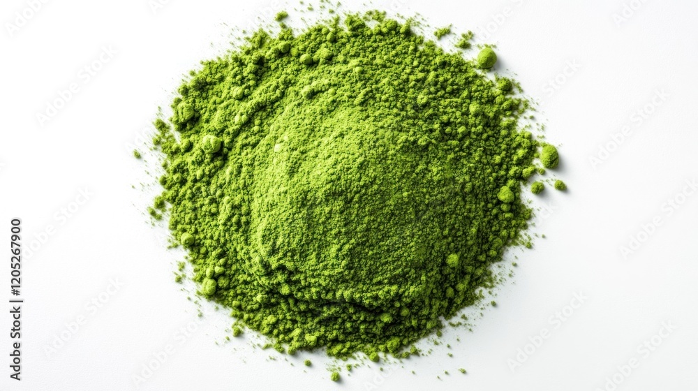 Pile of green matcha powder isolated on white, top view Pile of green matcha powder isolated on white, top view