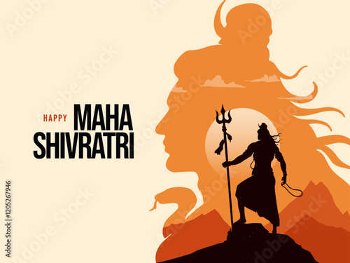 Happy Maha Shivratri text with Lord Shiva Illustration, and Temple background, Traditional Festival Poster Banner Design Template Vector Illustration photo