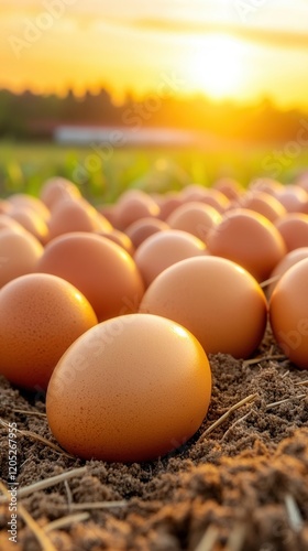 Eggs scattered on a farm field during sunset. photo