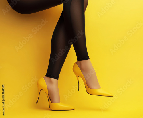 Chic black leggings and vibrant yellow heels create a bold fashion statement against a bright yellow background