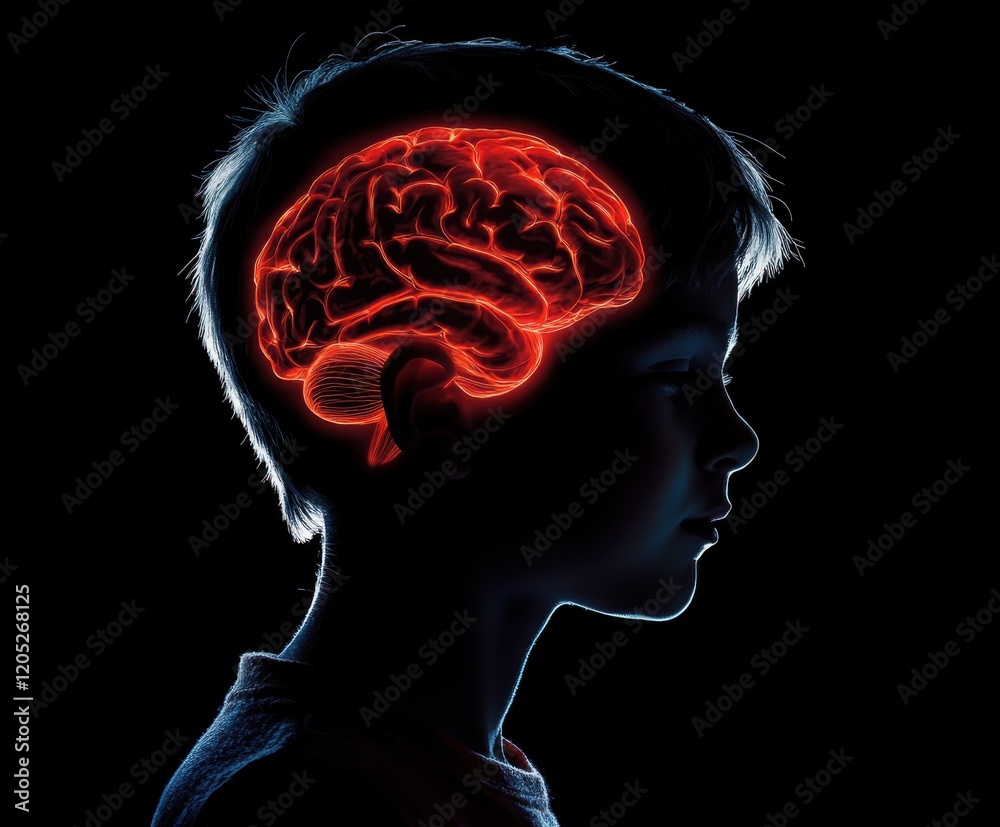 Obraz premium Child's silhouette with glowing brain illustration symbolizing intelligence and creativity in a dark setting
