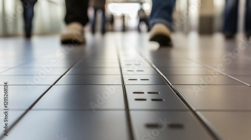 A close-up view of an airport security checkpoint line, focusing on the travelers' feet and the floor tiles, with the security area slightly blurred in the background.  photo