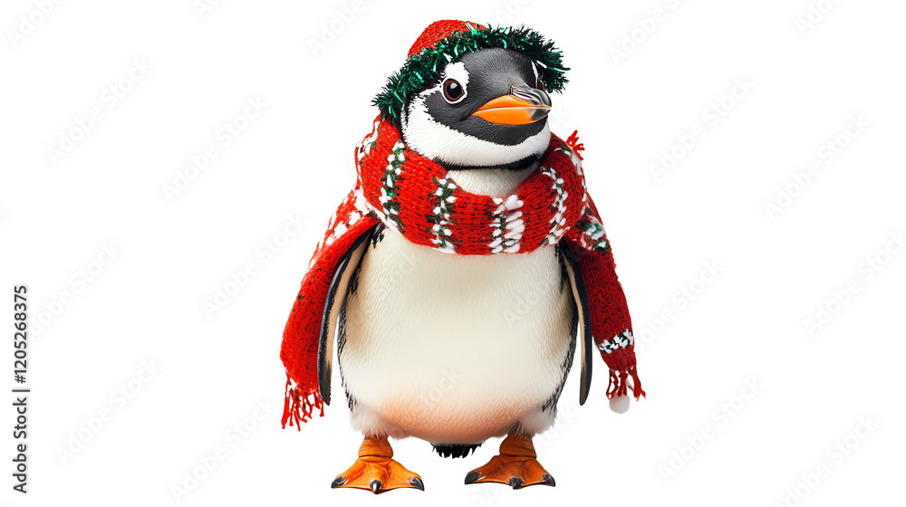 Fototapeta premium A cheerful penguin dressed in a festive Christmas scarf and hat, spreading joy and holiday spirit. Perfect for winter and holiday-themed projects.