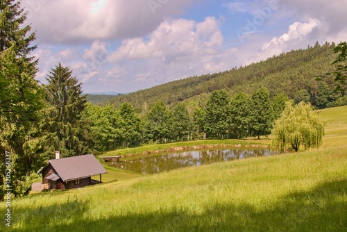 Obraz na płótnie A cottage next to small pond in mountains surrounded by forest near Prachatice, Czech republic w salonie
