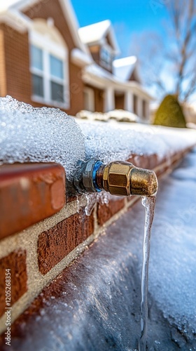 Frozen pipe with water dripping and ice buildup. The outdoor faucet is submerged in snow, representing winter conditions at a residential building. photo