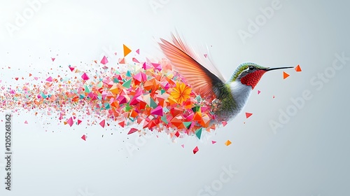 Colorful hummingbird in flight, geometric flower trail, white background, nature art, design