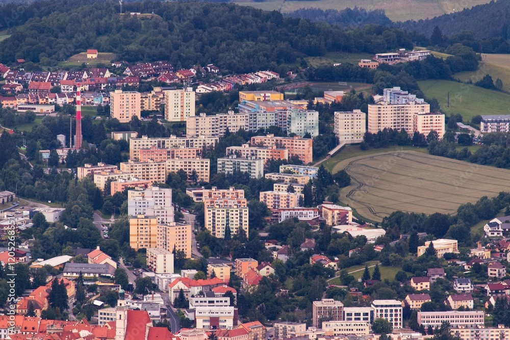 An aearial view to the city Prachatice from lookout tower Libin, Czech republic