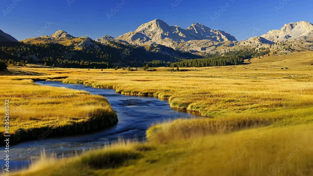 Serene landscape featuring a winding river and majestic mountains during clear blue skies in a national park