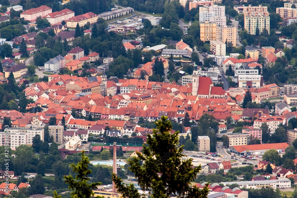 An aearial view to the city Prachatice from lookout tower Libin, Czech republic