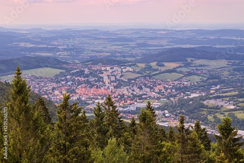 An aearial view to the city Prachatice from lookout tower Libin, Czech republic