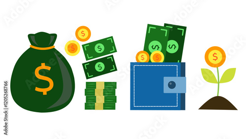 Bundles of money and coins with currency dollar symbol. Wealth cash bag, savings wallet, and investment icon.