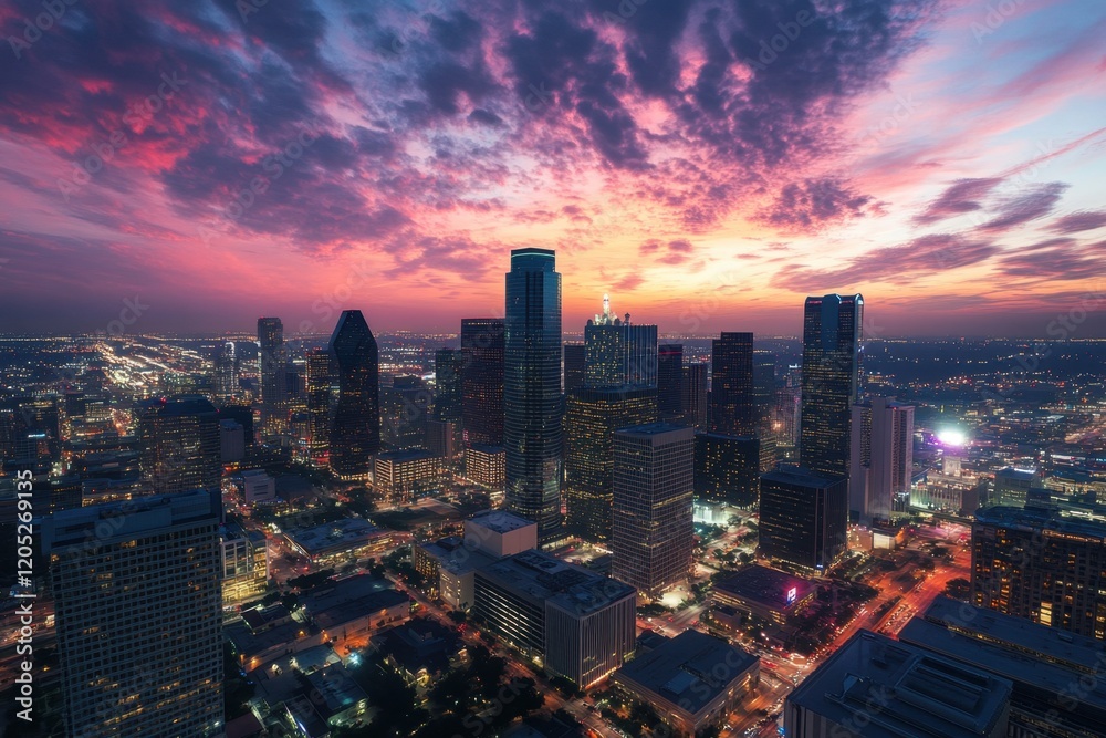Fototapeta premium Breathtaking aerial view of a bustling modern skyline at sunset urban landscape city life vibrant atmosphere high-altitude perspective for stunning visual appeal