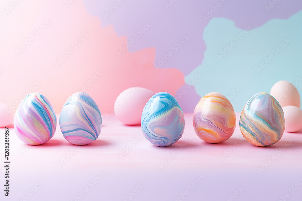 Fototapeta premium easter eggs marbel on pastel background with spring flowers