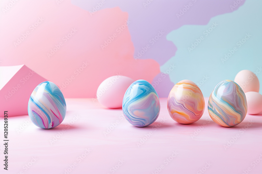 easter eggs marbel on pastel background with spring flowers easter eggs marbel on pastel background with spring flowers