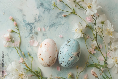 easter eggs marbel on pastel background with spring flowers photo