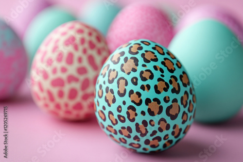 Easter eggs with colorful leopards on pastel background with space for text photo