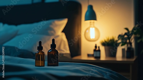 Sleep aid products neatly arranged on a bedside table, promoting relaxation and restful sleep for a peaceful night's slumber.