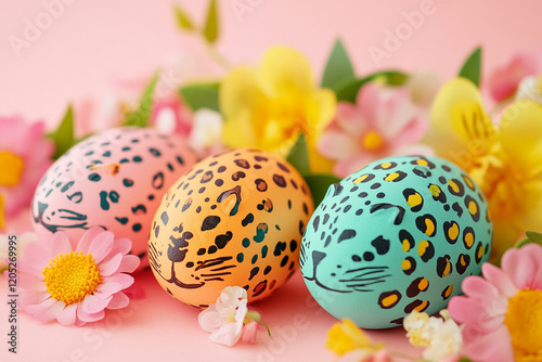 Easter eggs with colorful leopards on pastel background with space for text photo