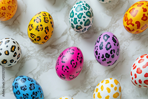 Easter eggs with colorful leopards on pastel background with space for text photo