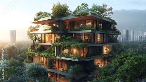 Green urban apartment building sunrise city