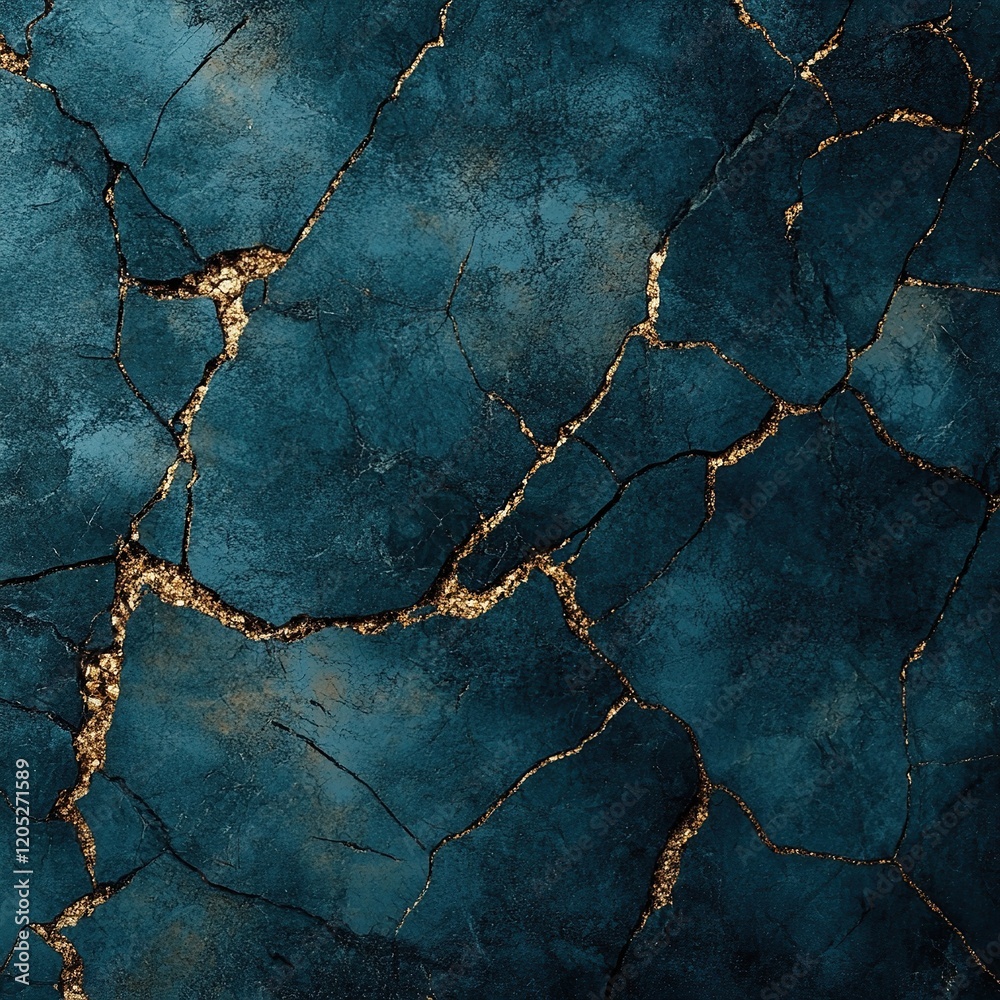 Obraz premium Deep Teal Cracked Texture with Gold Accents: Abstract Art Background, Design Element, Luxury, Elegant, Modern, Crackle, Grunge, Splintered, 