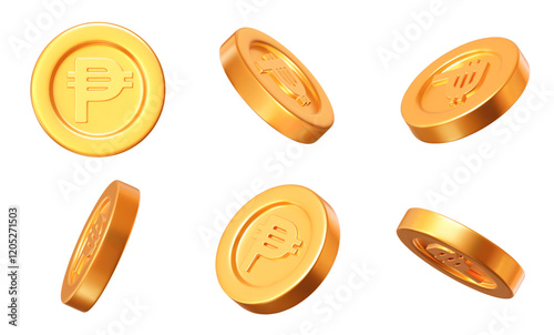 3d set of golden coins of Philippine Peso with different angles. Stock vector illustration on isolated background.	