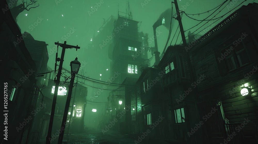 Eerie, fog-shrouded city street at night. Eerie, fog-shrouded city street at night.