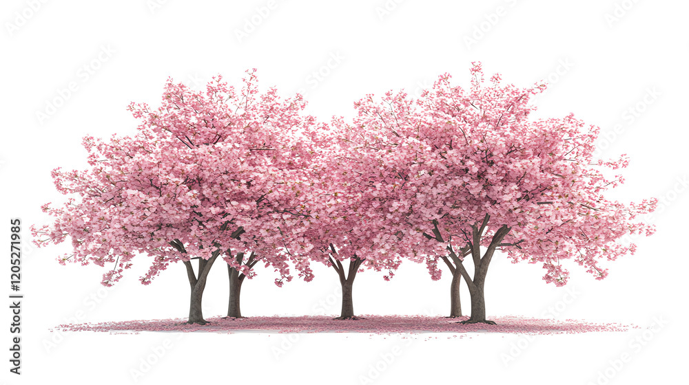 Obraz premium A picturesque view of blooming cherry trees, showcasing vibrant pink flowers against a serene backdrop, symbolizing beauty and renewal in nature.