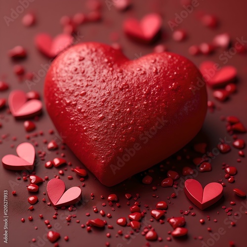 a large, shiny red heart with small, scattered red hearts around it, all set against a dark red background.