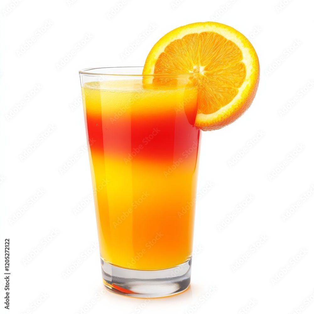 A fiery tequila sunrise with a slice of orange, vibrant and dramatic, isolated white background A fiery tequila sunrise with a slice of orange, vibrant and dramatic, isolated white background