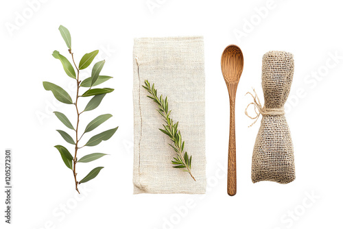 A rustic kitchen setup featuring fresh herbs, a wooden spoon, and linen cloth, perfect for culinary inspirations and home cooking.