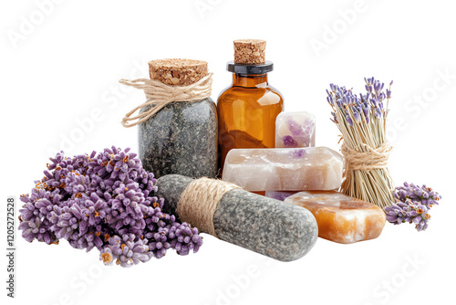 A serene arrangement of lavender, stones, and essential oil bottles, perfect for promoting relaxation and wellness in a tranquil environment.