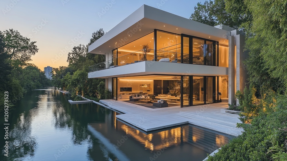 Fototapeta premium Modern architectural house by a serene river at sunset, showcasing luxurious living spaces and nature