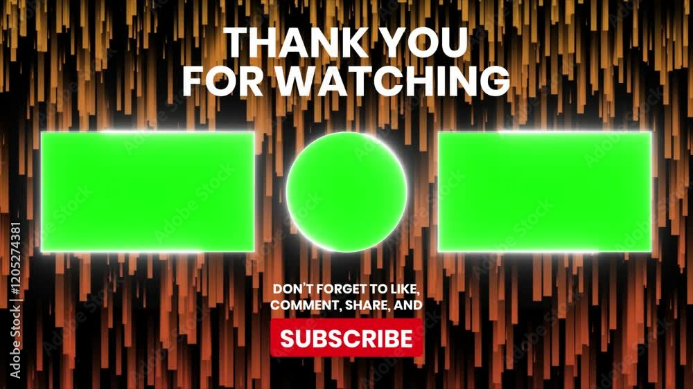 Stylish end screen animation with green screen placeholders for social media or YouTube.  Includes Thank you for watching and subscribe call to action.  Easy to customize.