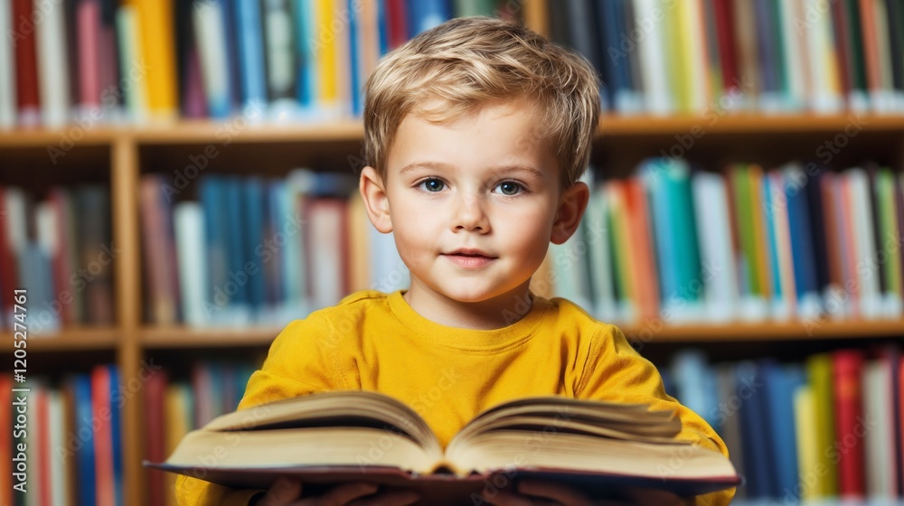 Happy young boy reading book in library environment. Perfect for education, literacy development, and childhood learning concepts. Happy young boy reading book in library environment. Perfect for education, literacy development, and childhood learning concepts.