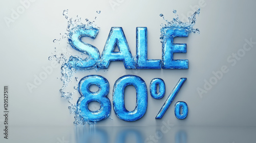 3D text SALE 80% blue water wave on grey background