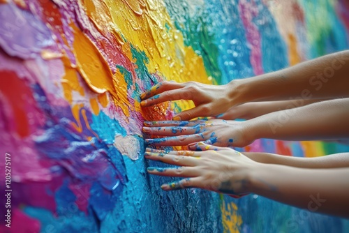Hands painting a mural.