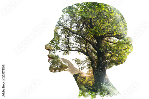 A unique artistic representation blending human and nature elements, showcasing a tree within a human silhouette, symbolizing harmony and growth.
