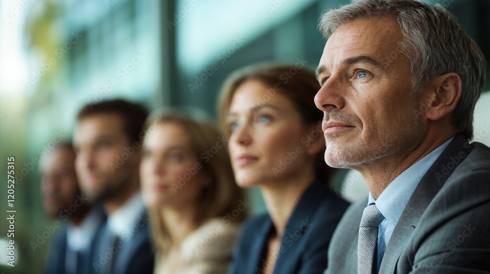 Diverse business team looking forward with optimistic expressions. Ideal for leadership vision, team success, and corporate future concepts. Diverse business team looking forward with optimistic expressions. Ideal for leadership vision, team success, and corporate future concepts.