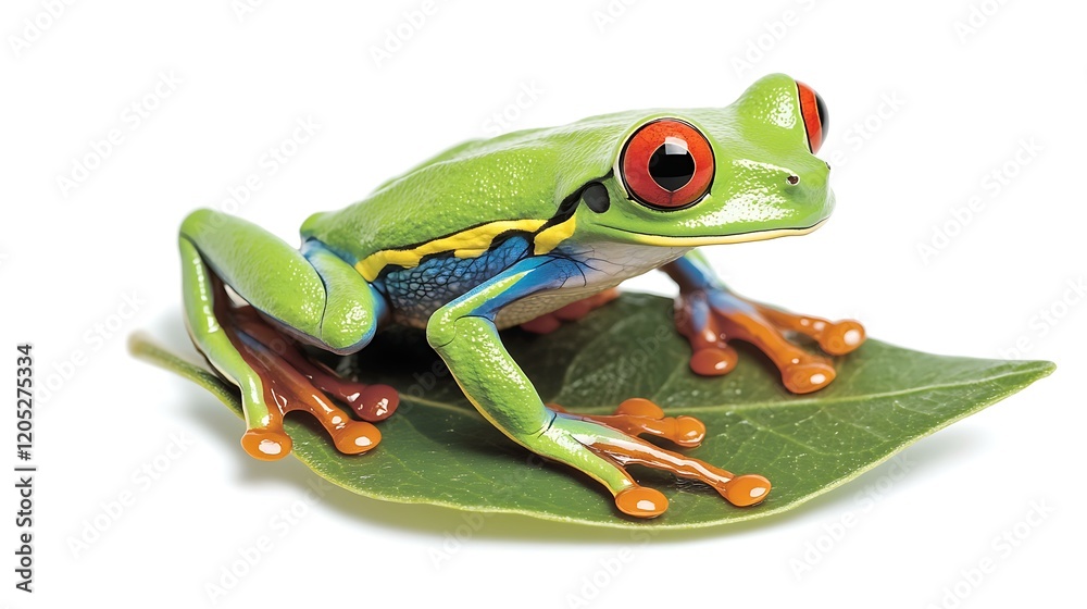 Obraz premium A bright green tree frog perched on a leaf on a white background