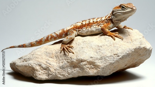A close-up of a lizard sunbathing on a rock against a white background