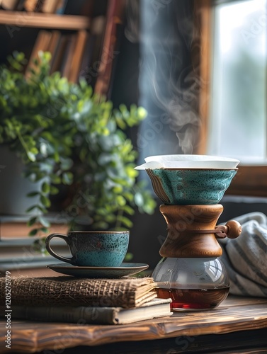 Cozy Aromatic Staming Coffee in a Cup or Mug.Coffee Filter photo