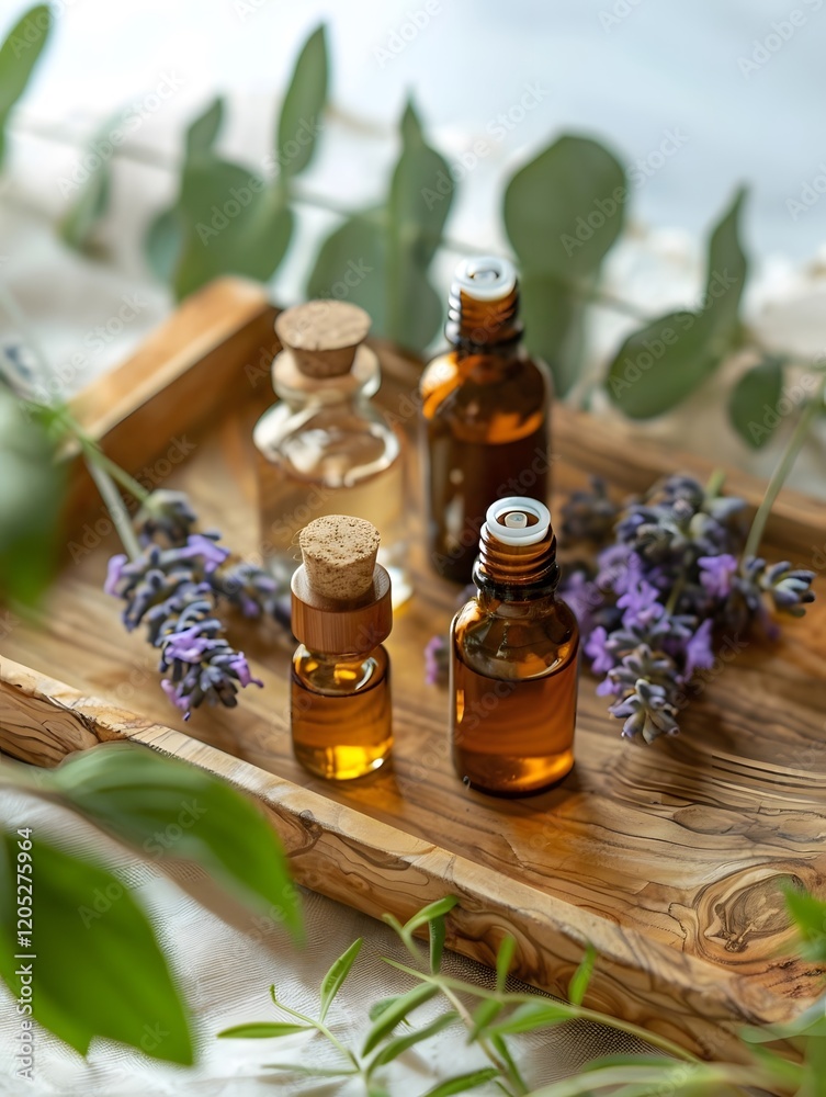 Aromatherapy natural organic essential oils herbal extracts in bottles