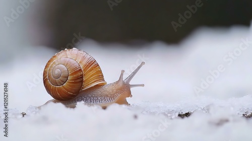 A detailed shot of a snail crawling slowly on a white background