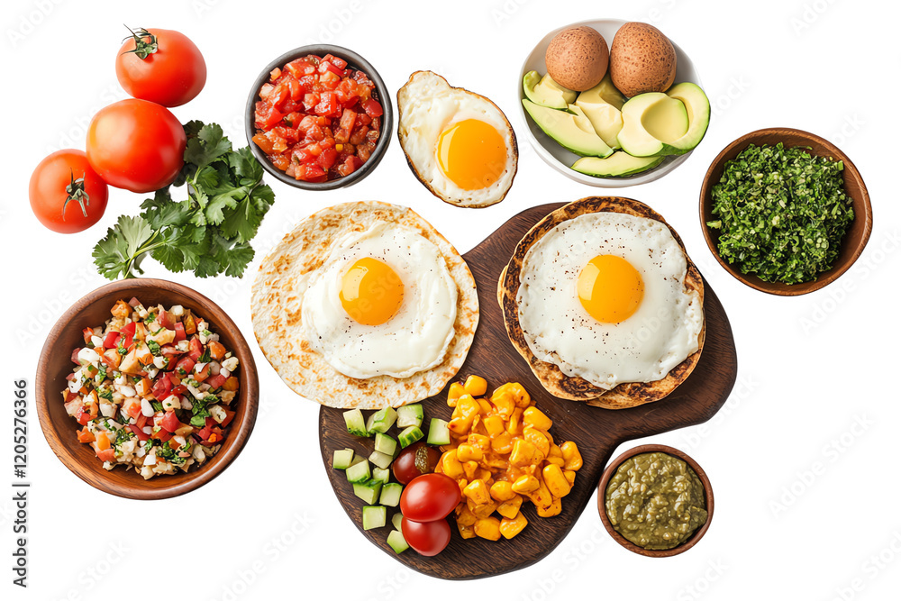 A vibrant assortment of fresh ingredients including eggs, vegetables, and herbs, beautifully arranged on a wooden board, perfect for a healthy meal. A vibrant assortment of fresh ingredients including eggs, vegetables, and herbs, beautifully arranged on a wooden board, perfect for a healthy meal.